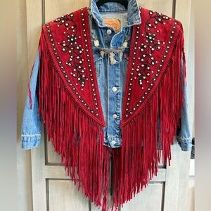 Red Fringe Embellished Suede Shawl